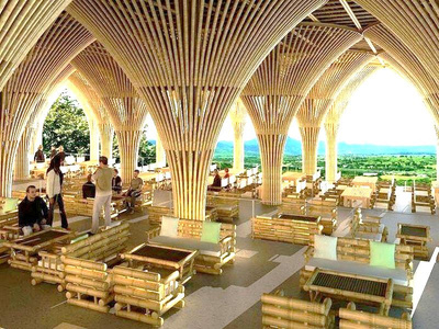 SUSTANK central operations — bamboo architecture, open roof, nature-harmonized